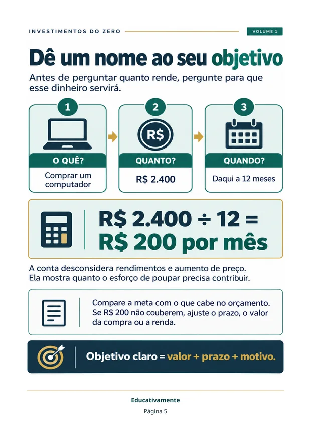 Página 5: Dê um nome ao seu objetivo, com o exemplo de R$ 2.400 divididos em 12 meses