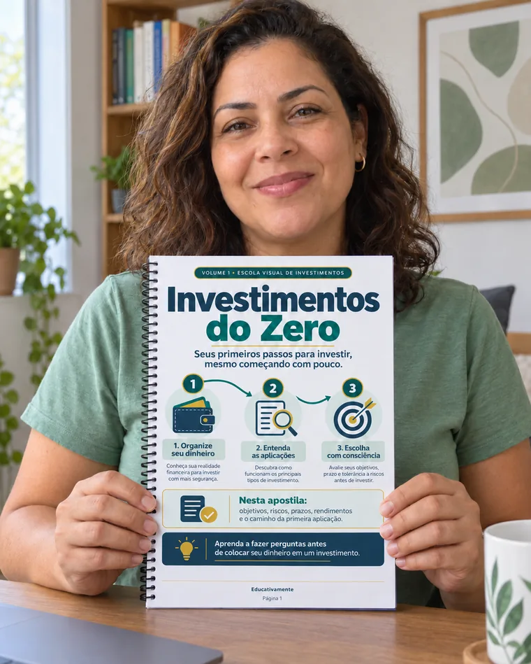 Mulher adulta sorri segurando a apostila impressa Investimentos do Zero
