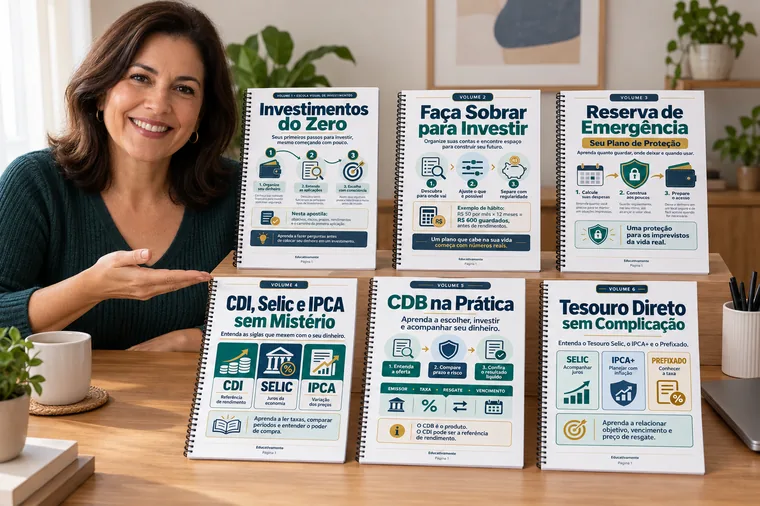 Mulher apresenta os seis volumes impressos da coleção sobre uma mesa