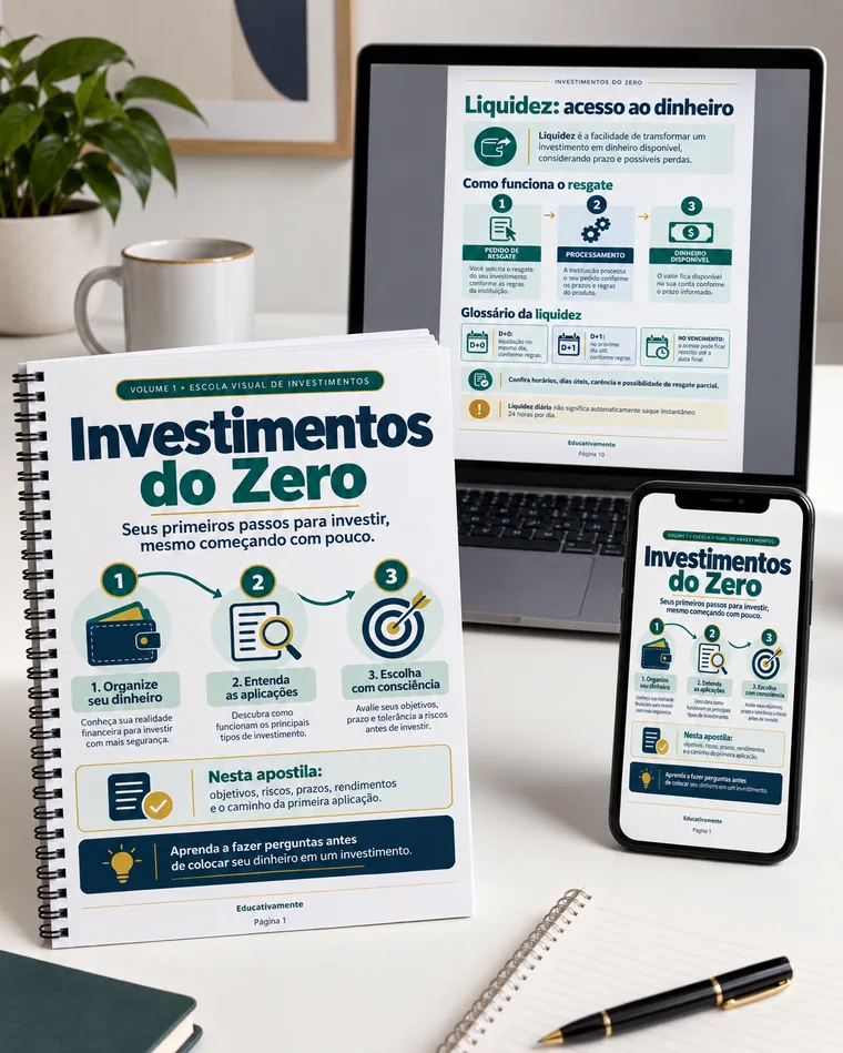 Apostila impressa Investimentos do Zero ao lado de um notebook e um celular mostrando o mesmo material em PDF